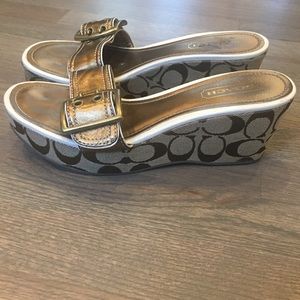 Coach gold buckle wedge sandals